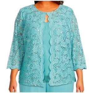 Alex Evenings size 1X turquoise dress jacket Sequin Lace Chiffon Round Neck 3/4